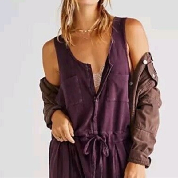 Free People One Billie Purple Plum Overalls Sleeveless Boho Hippie BeachJumpsuit - Picture 1 of 8